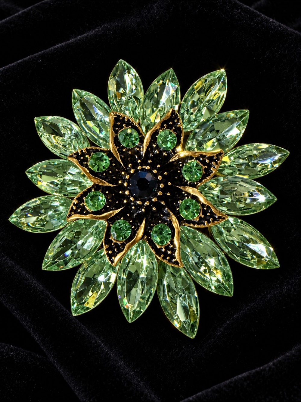 Green Crystal Floral Brooch with Gold Accents